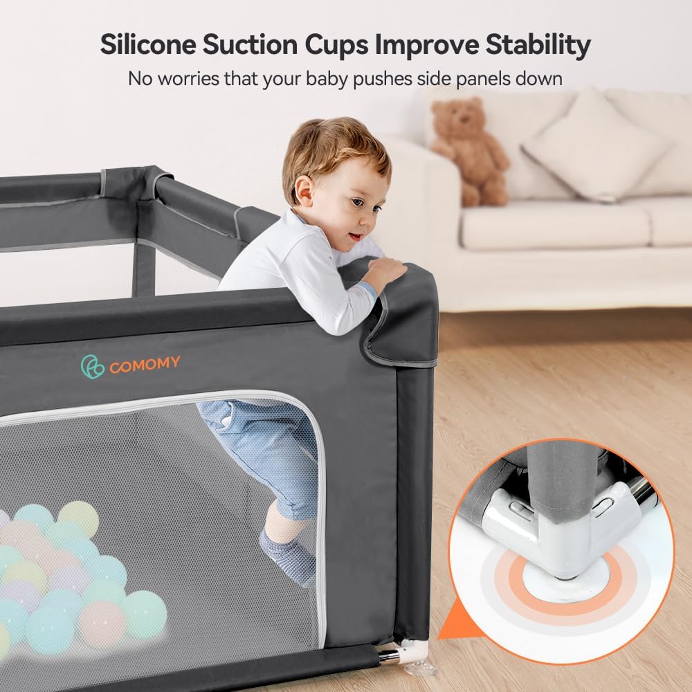 COMOMY Playpen for Babies and Toddlers, 188 x 127 x 66 cm Extra Large, Baby Playpen 4 Pull Rings, Soft and Breathable Net, Activity Centre for Kids, Dark Grey - QUORE