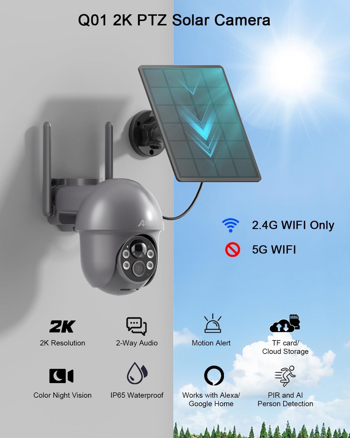 ANRAN 2K HD Bewakingscamera Batterij Buiten Wi-Fi, 360 Graden Draaibare Draadloze Bewakingscamera met Zonnepaneel, PIR Bewegingsdetector met Overstromingslicht, 2-Weg Audio, Nachtzicht, Q01 Grijs