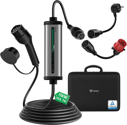 11 kW EV Oplader [3-Fase| 7m | 8-16A ] IP 66 EV-lader Type 2 Mobiel Laadstation/Wallbox Laadkabel Type 2 met Schuko Stekker en CEE Stekker voor auto model 3/Y ID.3/4/5 i3 e-tron EQC en alle EV/PHEV