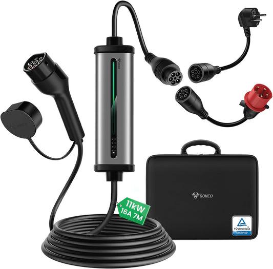 11 kW EV Oplader [3-Fase| 7m | 8-16A ] IP 66 EV-lader Type 2 Mobiel Laadstation/Wallbox Laadkabel Type 2 met Schuko Stekker en CEE Stekker voor auto model 3/Y ID.3/4/5 i3 e-tron EQC en alle EV/PHEV