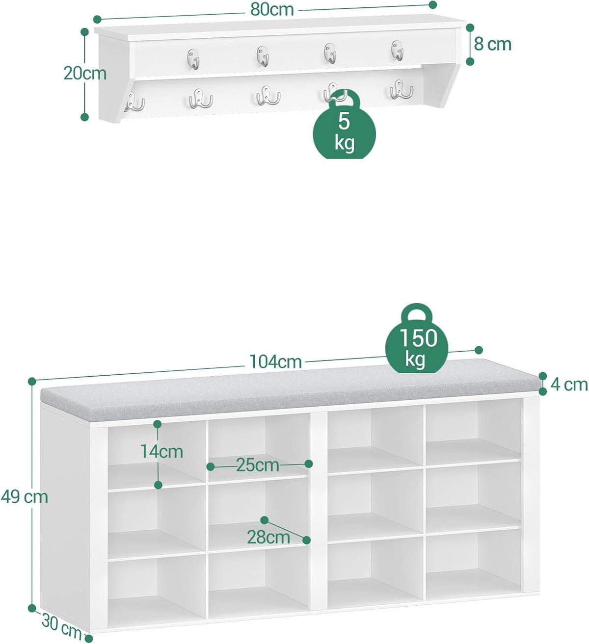 Hzuaneri Coat Rack with Bench Shoe Bench with Seat Entrance Bench 30 x 104 x 49 cm Wall Coat Rack with 9 Hooks Coat Hooks for Living Room Bedroom Entrance White Grey HT24903GY