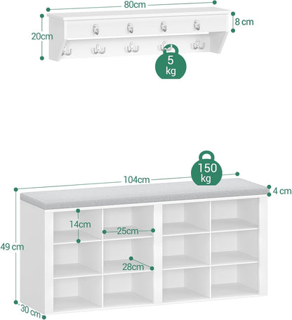 Hzuaneri Coat Rack with Bench Shoe Bench with Seat Entrance Bench 30 x 104 x 49 cm Wall Coat Rack with 9 Hooks Coat Hooks for Living Room Bedroom Entrance White Grey HT24903GY
