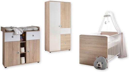 Stella Trading Wiki Complete Set for Baby Room, 3-Piece Set with Cabinet, Baby Bed and Changing Mat, Wood, Sonoma Oak/White, Complete Set 2