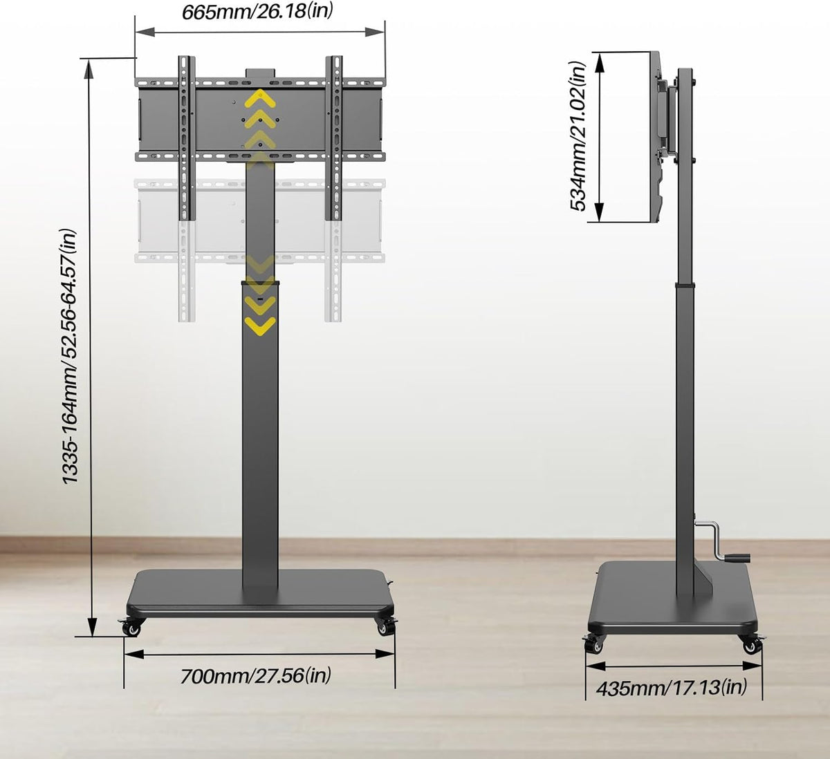 Rollende tv-standaard met handzwengellift, mobiele tv-kar voor 42-75 inch tv's, portret naar landschap, vrije hoogte verstelbaar voor maximaal 110 lbs, Max VESA 600 x 500 mm (42-75 inch tv's)