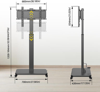 Rollende tv-standaard met handzwengellift, mobiele tv-kar voor 42-75 inch tv's, portret naar landschap, vrije hoogte verstelbaar voor maximaal 110 lbs, Max VESA 600 x 500 mm (42-75 inch tv's)