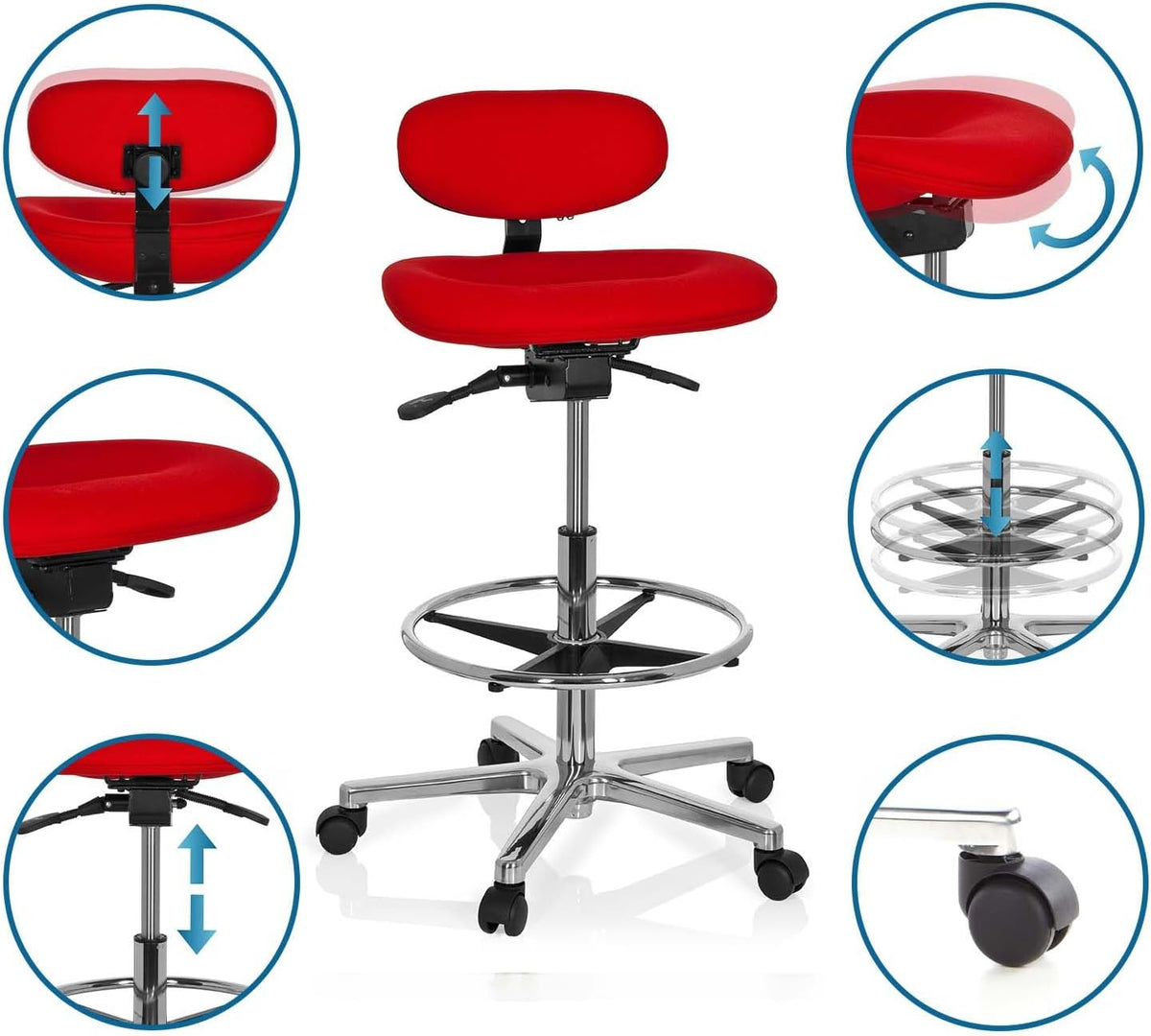 hjh OFFICE 608331 werkstoel hoog Work MF stof rood stahulp kantoor draaistruk met rugleuning en wielen, in hoogte verstelbaar