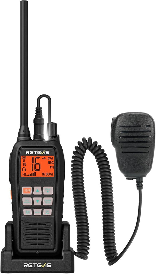 Retevis RM15 VHF Maritieme Radio, IP68 Waterdichte Walkietalkie met Microfoon, 2000 mAh, Tweekleurig Scherm, Internationale Maritieme Kanalen, voor Vissersboten (1 Verpakking)