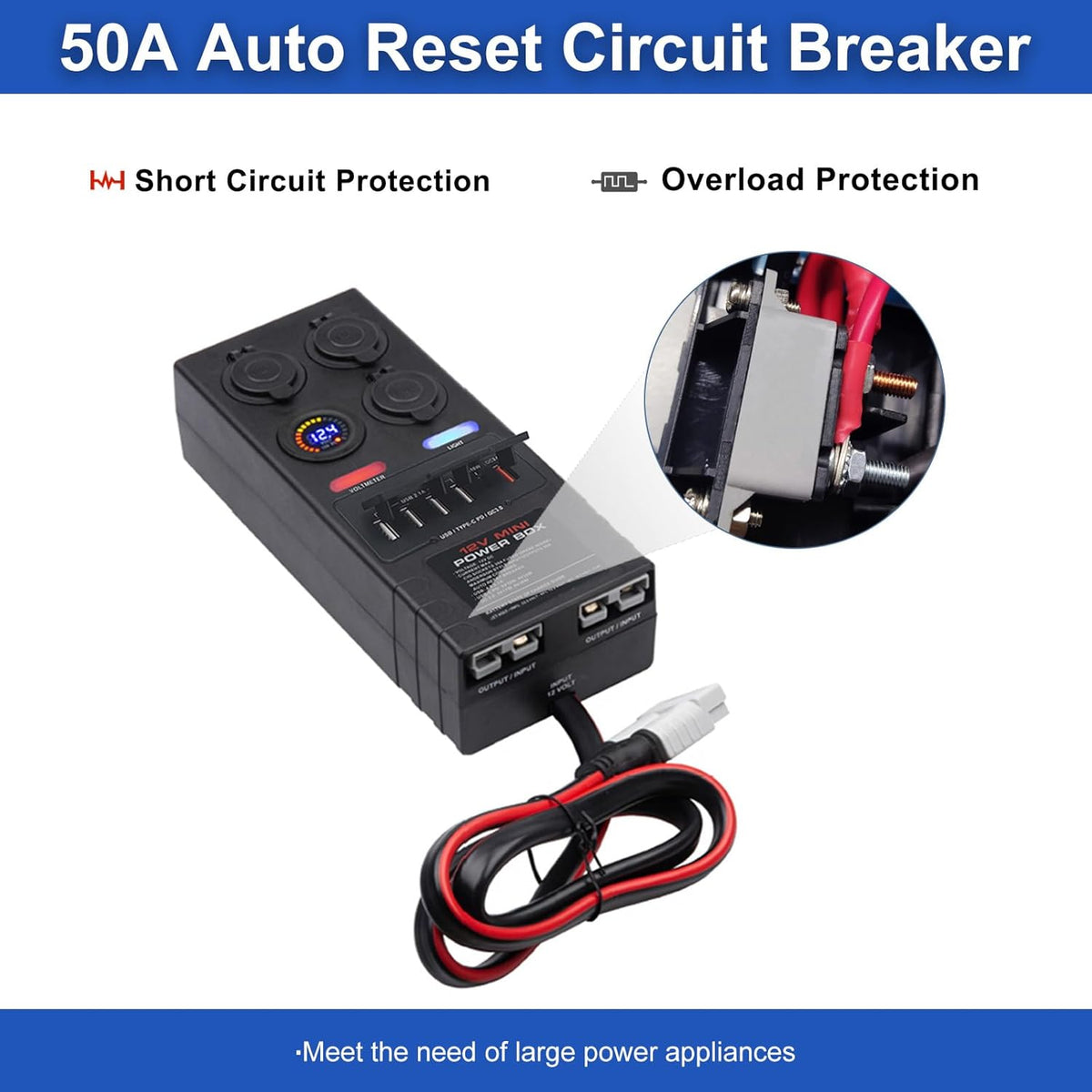 Mini Power Distribution Box 12V DC Batterij Socket Max. 50A Stroom met 2 x Anderson, 6 x USB & 3 x Cig Sockets, Mini Batterij Box voor Outdoor RV Camping Vissen Noodgevallen