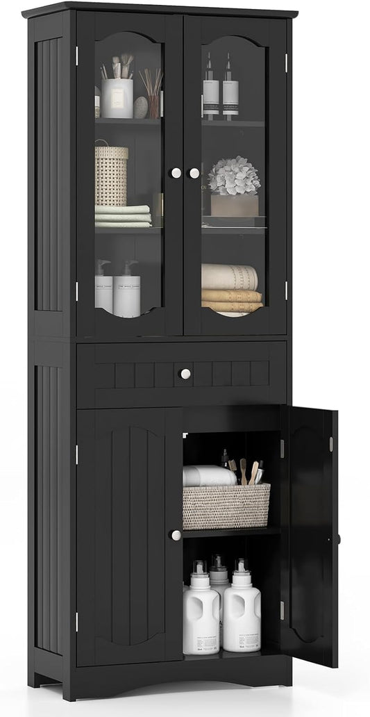 FANTASK Badkamerkast voor woonkamer, badkamer, keuken, vrijstaande hoge kast met kantelbeveiliging en 4 deuren en lade en verstelbare plank, 60 x 30 x 160 cm