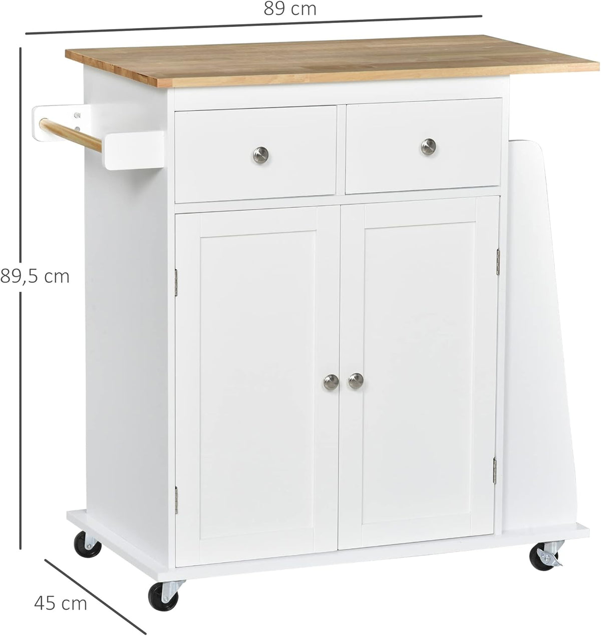 HOMCOM Kitchen trolley with wheels, serving trolley with spice rack, kitchen aid, P2 MDF, rubber tree wood, white + natural, 89 x 45 x 89.5 cm - QUORE
