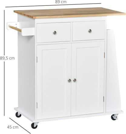 HOMCOM Kitchen trolley with wheels, serving trolley with spice rack, kitchen aid, P2 MDF, rubber tree wood, white + natural, 89 x 45 x 89.5 cm - QUORE