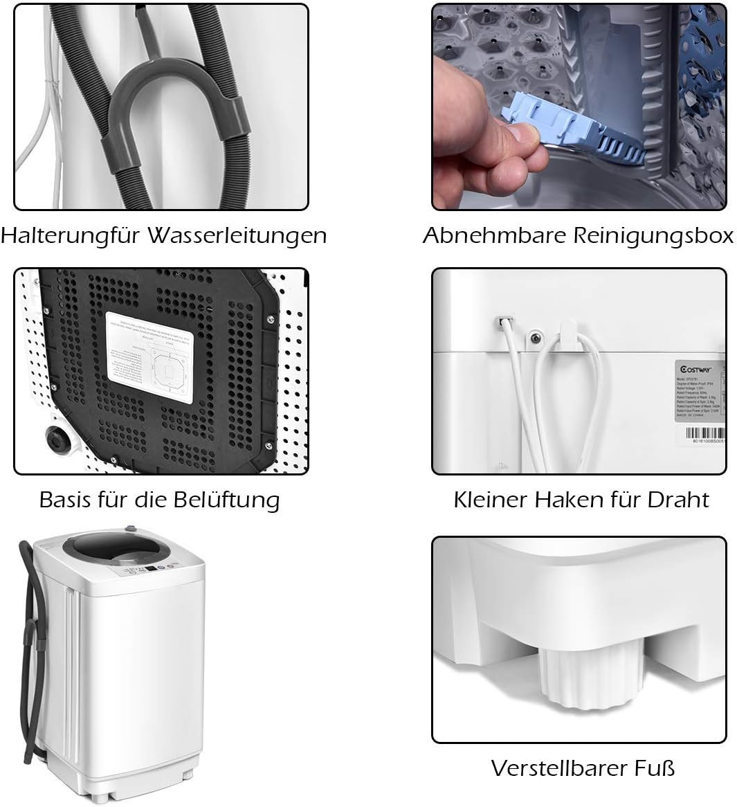 FANTASK Volautomatische wasmachine, 3,5 kg, miniwasmachine met centrifuge, 6 programma's, 240 W bovenlader, volautomatische wasmachine met pomp, voor appartement, camper en camping - QUORE