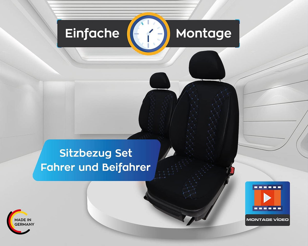 BREMER SITZBEZÜGE Autostoelhoezen compatibel met VW Golf 7, bestuurder en passagierset vanaf 2012-2020, autostoelhoezen, set van 2 stuks, in zwart/blauwe naad (N306)