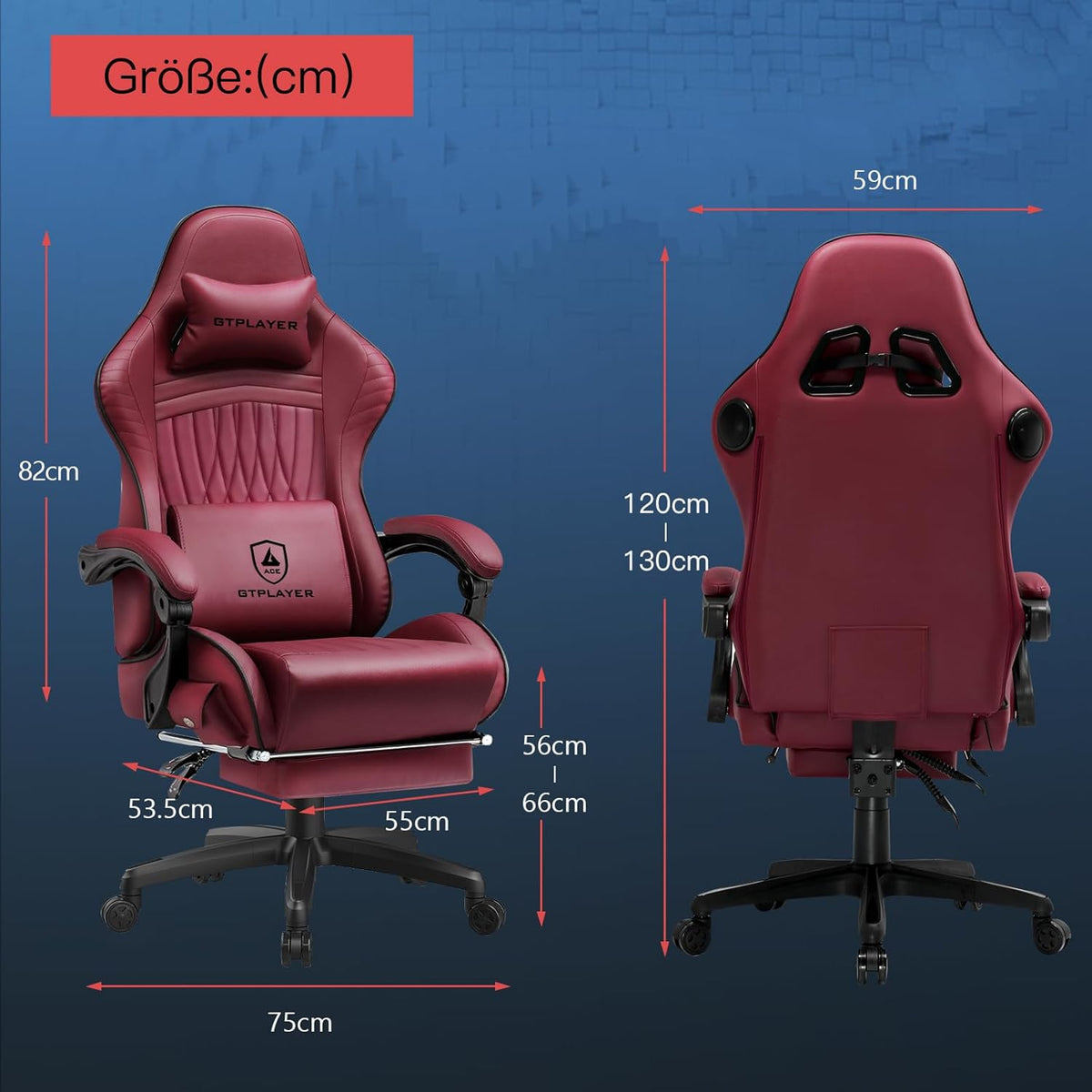 GTPLAYER Ergonomic Gaming Chair, Office Chair, Racing Chair with Footrest and Speakers, Load Up to 150 kg, Red - QUORE