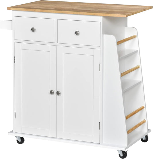 HOMCOM Kitchen trolley with wheels, serving trolley with spice rack, kitchen aid, P2 MDF, rubber tree wood, white + natural, 89 x 45 x 89.5 cm - QUORE