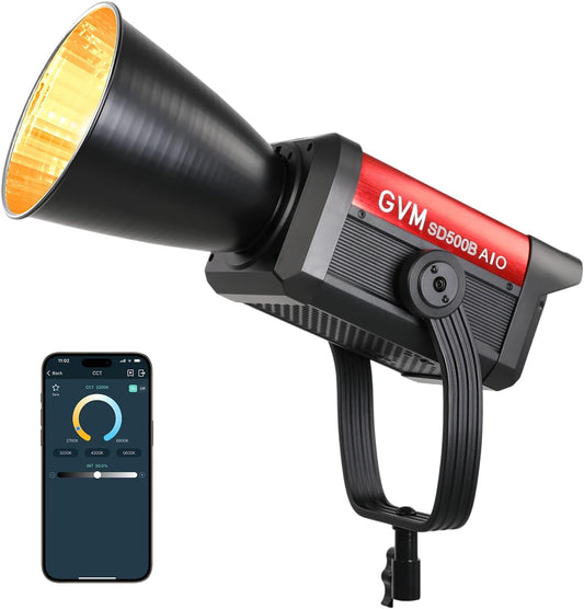 GVM 500 W led-videolamp met app-bediening, 2700 K - 6800 K COB studiolcht videolicht 27040Lux/1 m, studio-fotografie verlichting met bowen-houder, continu licht voor fotografie met standaard afdekking