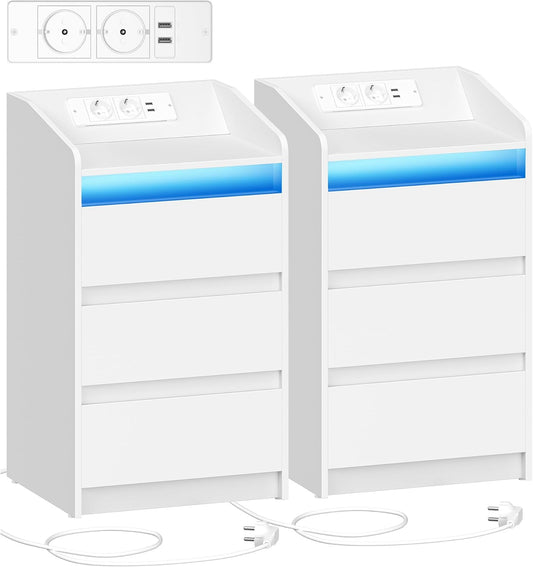Hzuaneri Bedside Table Set of 2 with 3 Drawers, Side Table with Charging Base and LED, 2 AC Outlets and 2 USB Ports for Bedroom, Living Room, White NS40103X