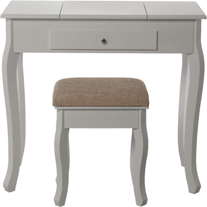 DRW Make-uptafel met spiegel en bank van hout, wit, 80 x 40 x 74 cm en 36,5 x 29 x 46 cm
