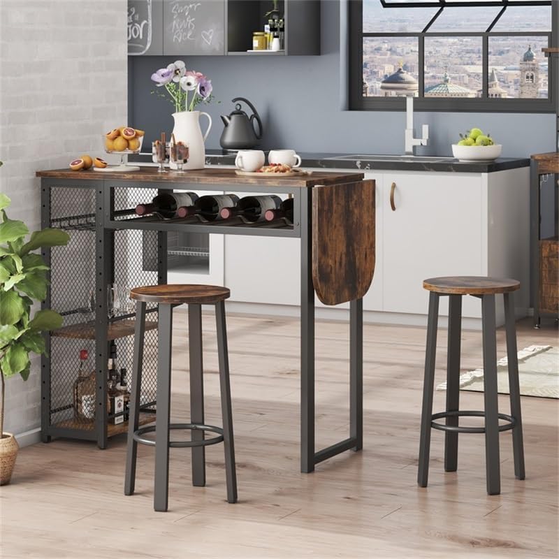 Bartafelset, bartafel met 2 barkrukken, eettafel, statafel met wijnglashouder en plank, keukentafel in industriële stijl, statafel voor bar, bistro en woonkamer (bruin)