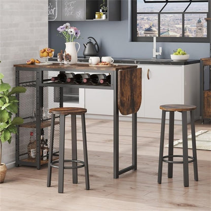 Bartafelset, bartafel met 2 barkrukken, eettafel, statafel met wijnglashouder en plank, keukentafel in industriële stijl, statafel voor bar, bistro en woonkamer (bruin)