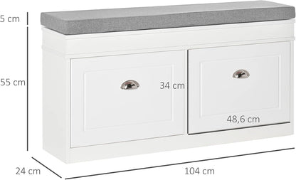 HOMCOM shoe rack shoe bench with cushion and 2 drawers chipboard MDF polyester foam white + grey 104 x 24 x 55 cm - QUORE