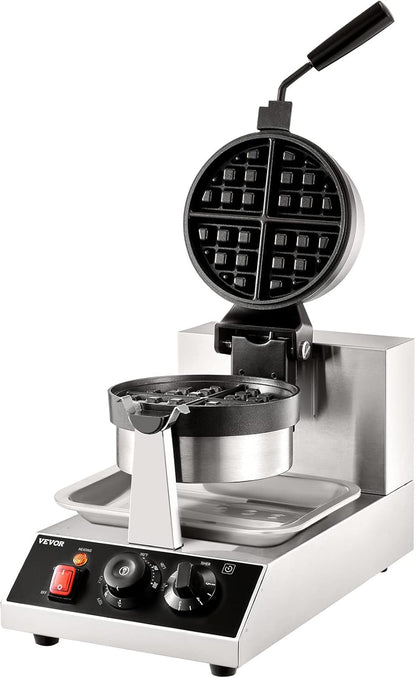 VEVOR Ronde wafelijzer wafel 1300 W, contactgrill Belgisch wafelijzer 4 stuks roestvrij staal wafelautomaat incl. voedselclip & borstels & brandveilig handvat, voor cafés, restaurant enz.