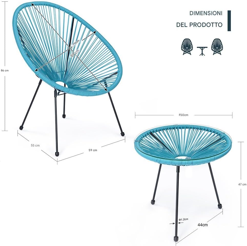 Shally Dogan Freddy Tuinmeubelset van polyrotan, 2 stoelen met tafel, 2 eistoelen, 1 tuintafel, woonkamer, terras, restaurant, bistro, bar (lichtblauw)