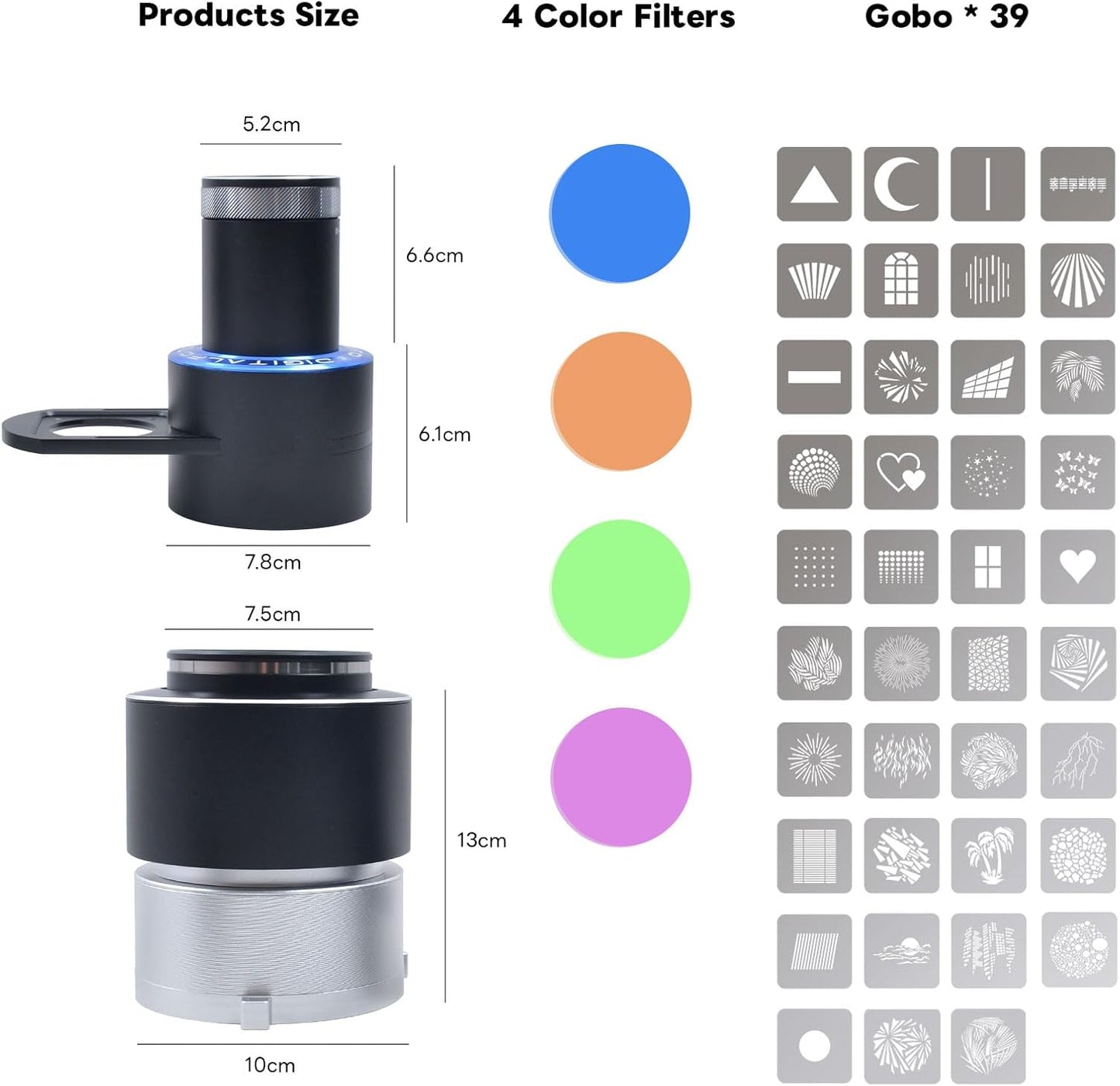 DIFESURO Optical Snoot Bowens Mount Gobo Projector, 39 Gobo's, projectiebevestiging voor fotografie Spotlight, compatibel met Aputure Amaran 100X/D 200D/X, 150C, Godox SL60 voor portret,