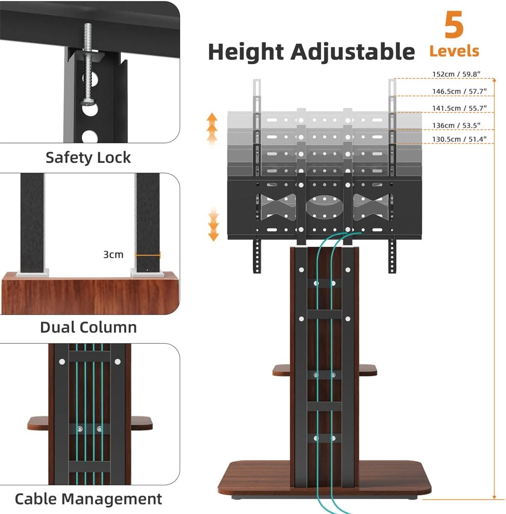 unho Tv-standaard van hout, in hoogte verstelbaar, televisiehouder met plank, universeel voor 32"-65", VESA 600x400mm, tot max. 40kg