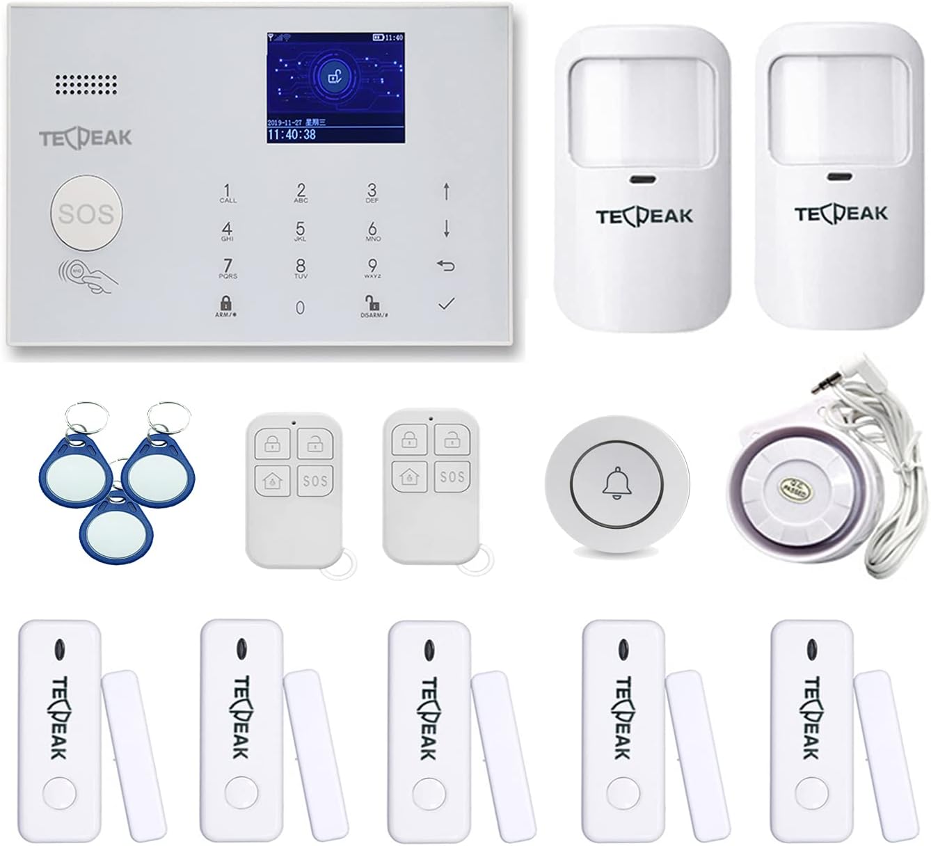 TECPEAK alarminstallatie, compleet systeem voor woning met alarmsirene, huisbeveiligheidsset incl. Raamalarm, deuralarm, bewegingsmelder, afstandsbediening, dag, SOS-huisnoodsituatie voor senioren