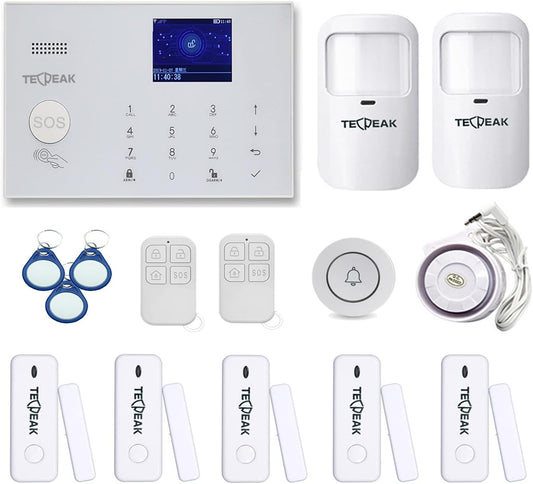 TECPEAK alarminstallatie, compleet systeem voor woning met alarmsirene, huisbeveiligheidsset incl. Raamalarm, deuralarm, bewegingsmelder, afstandsbediening, dag, SOS-huisnoodsituatie voor senioren