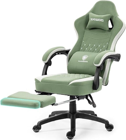 Dowinx Gaming Chair, Fabric with Extendable Folding Footrest, Ergonomic Office Chair with Gel Cushion and Pocket Spring Cushion, Massage Gaming Chair, Adult Gaming Chair, Green - QUORE