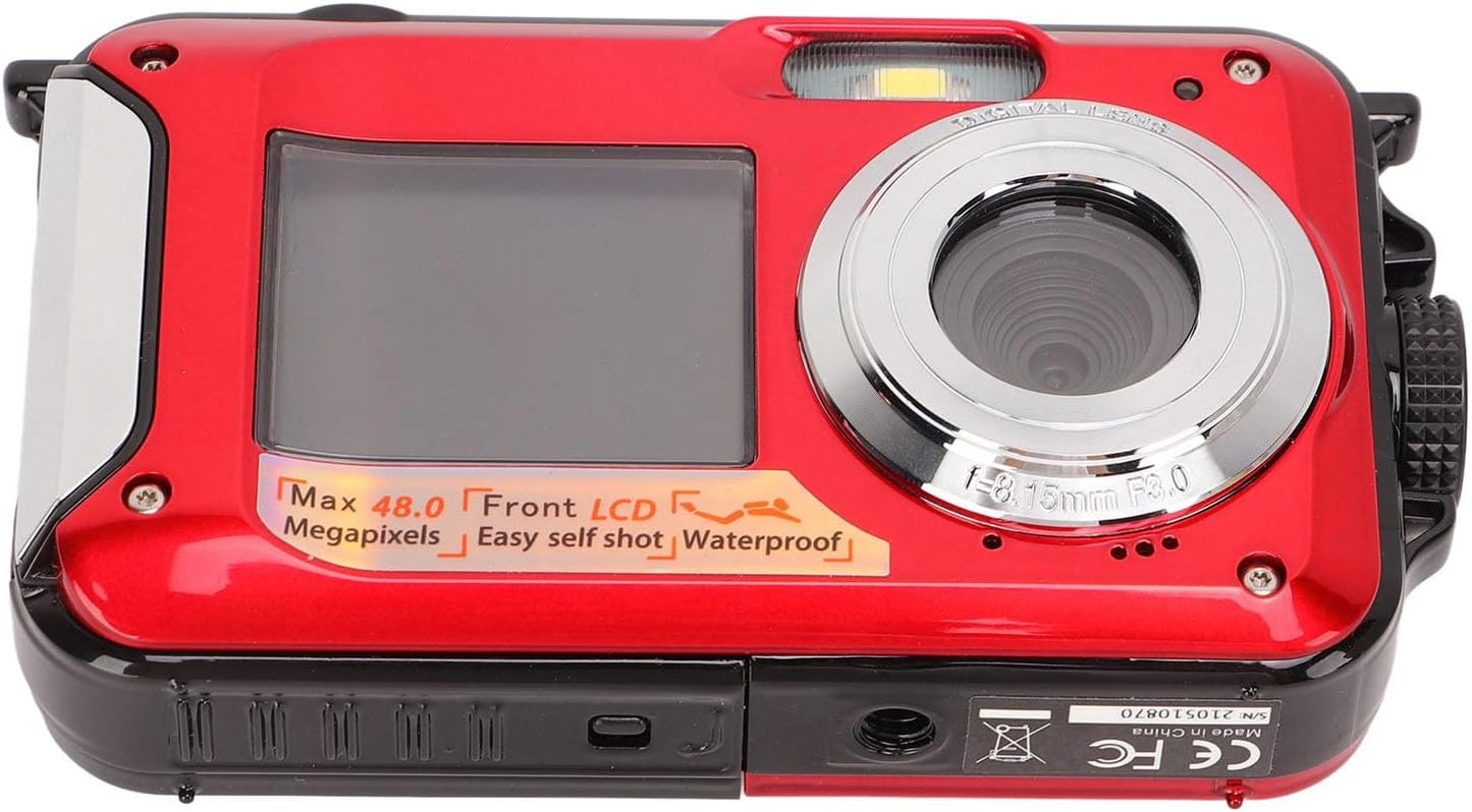 Onderwatercamera, 2,7 K 48MP 10ft Waterdichte Digitale Camera, 16X Digitale Zoom, Dubbele Scherm Selfie Onderwatercamera voor Snorkelen (rood)