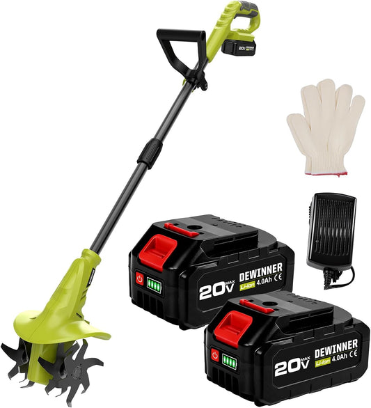DEWINNER Elektrische motorhak draadloos, 20 V, werkbreedte 20 cm, met 2 batterijen, 4 frezen, voor gazon/tuin/vloerwerk, groen