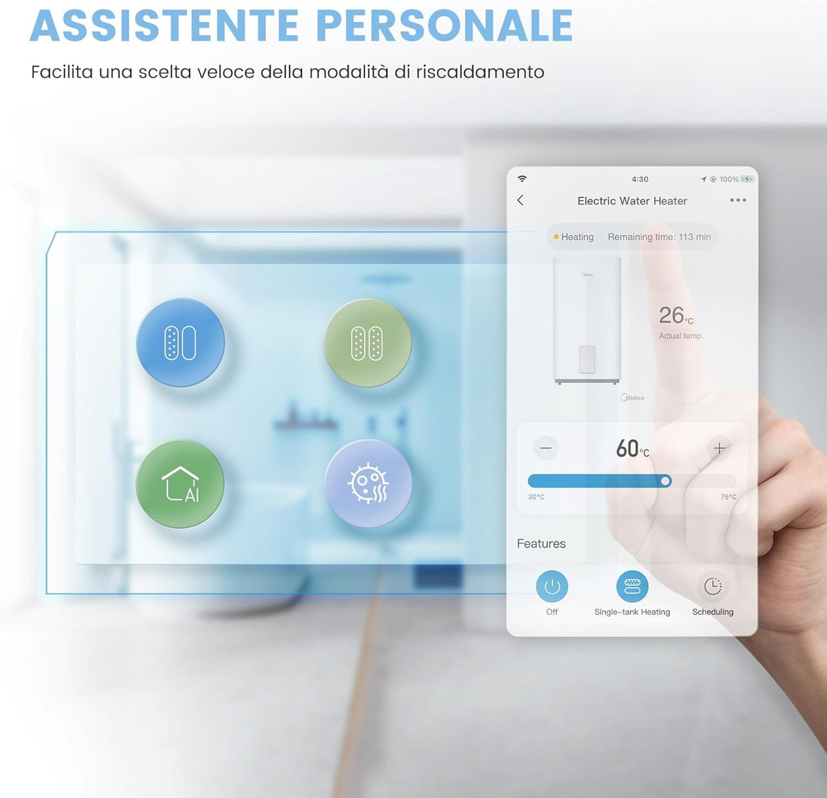 Comfee CWH15ED1350EUW Elektrische wandverwarming, 80 liter, met onderspoelruimte, compact en eenvoudig te installeren, wifi-verbinding, bediening via app, wit, energieklasse B