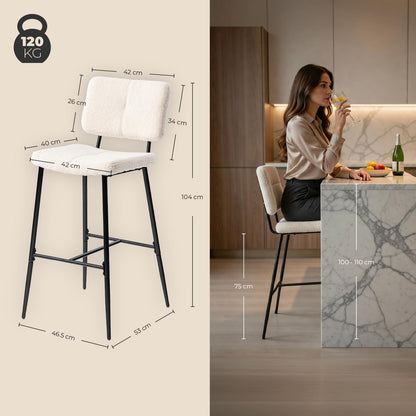 MEUBLE COSY Set van 6 barkrukken, hoge kruk met rugleuning en voetensteun, gevoerde keukenstoel met bouclé-stof, voor toonbank, eetkamer en huis, beige