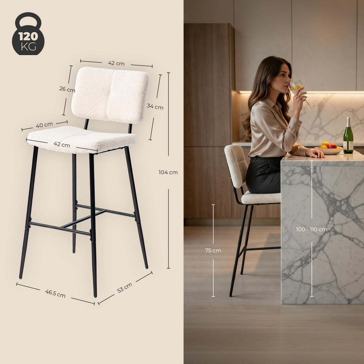 MEUBLE COSY Set van 4 barkrukken, hoge kruk met rugleuning en voetensteun, gevoerde keukenstoel met bouclé-stof, voor toonbank, eetkamer en huis, beige