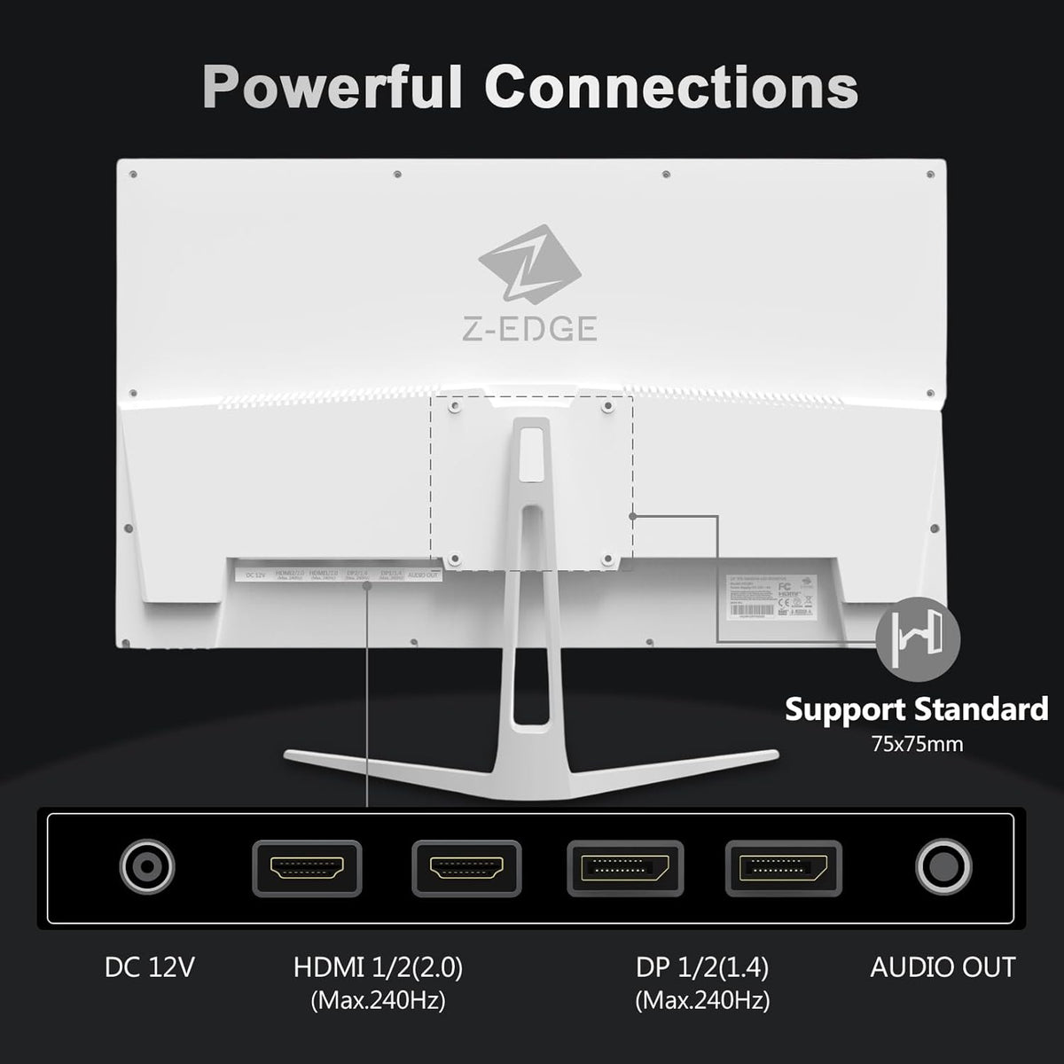 Z-Edge White Gaming PC Screen 24'' 240Hz, IPS, 1ms, FreeSync, FHD(1920x1080), White Gaming Monitor 16:9, Adjustable Slope, 2×HDMI2.0 & 2× DP1.4, 350cd/m², HDR10, VESA 75 * 75mm (DP-75mm) cable