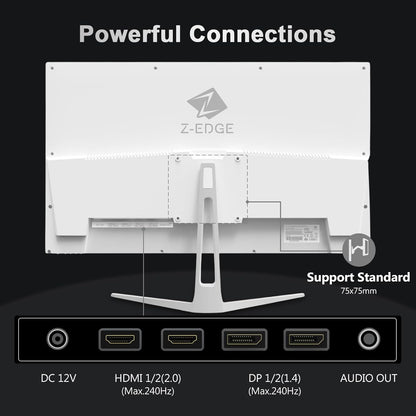 Z-Edge White Gaming PC Screen 24'' 240Hz, IPS, 1ms, FreeSync, FHD(1920x1080), White Gaming Monitor 16:9, Adjustable Slope, 2×HDMI2.0 & 2× DP1.4, 350cd/m², HDR10, VESA 75 * 75mm (DP-75mm) cable