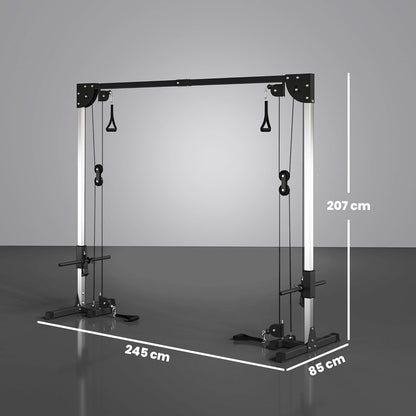 Krachtstation – Cable Crossover – Fitnessstation – Thuisgym – Trainmachine – Dubbele Kabels – Gewicht Instelbaar Tot 100 kg – Stalen Frame 245x85x207 cm – Zwart - QUORE