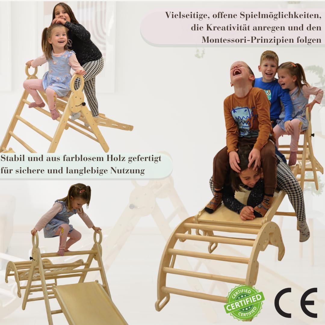 5-in-1 Montessori klimrek binnenshuis set – Pikler driehoek, klimboog, klimnet en indoor glijbaan met dubbelzijdige helling – binnenspeelplaats vanaf 1 jaar, onbehandeld hout
