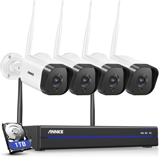 ANNKE 3MP WiFi-beveiligingscamerasysteem, 10 kanalen 5MP NVR en 4 draadloze camera's met 1TB harde schijf, ondersteuning voor IR-nachtzicht, 2-weg audio, detectie van mens, compatibel met Alexa