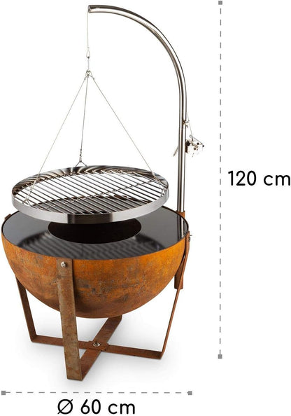 blumfeldt Fire Globe vuurschaal met grill, grillring: Ø 59cm, vuurschaal: Ø 60cm, grillrooster: Ø 59cm, afmetingen: 60 x 120cm (ØxH), used look: artificiële roestlook, traploos in hoogte verstelbaar, bruin