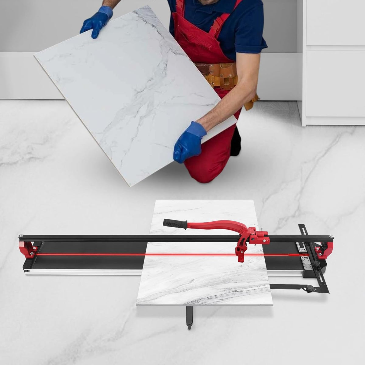 OUKANING Manual Tile Cutter with Non-Slip for Precise Cuts up to 15 mm Thickness, Ball Bearing Sliding Head for Fast Grooves and Straight Cuts, for Ceramic, Porcelain (Red, 120 cm) - QUORE