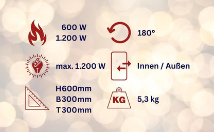 Verwarmingslantaarn – Straalkachel – Terrasverwarmer – Buitenheater – Balkonverwarmer – 2 Warmtestanden 600/1.200W – 180° Draaibare Kop