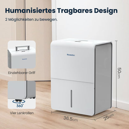 Newentor Luchtontvochtiger 25 l/24 uur, voor ruimtes van 215 m³/80 m², 3-voudige geluidsreductie, energiebesparende chip, eenvoudige bediening, met 1 m afvoerslang en afneembaar filter, timer