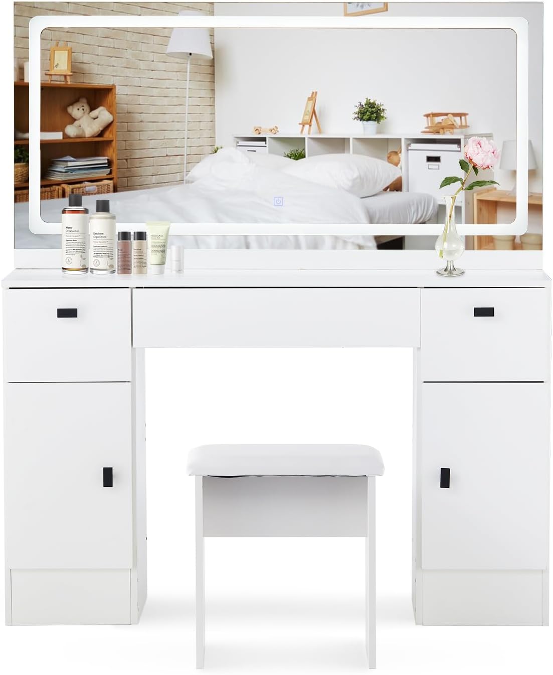 CLIPOP Dressing Table with Large Mirror and 12 LED Lights Hollywood, Adjustable Brightness, Dressing Table with 7 Drawers and Stool, Modern White Makeup Table Set (DR-0457) - QUORE