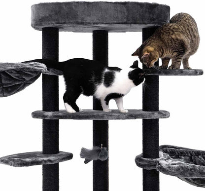 Kattenkrabpaal – Krabmeubel – Kattenboom – Krabton – Krabhuis – Zwart – 177 cm Hoog – Inclusief Comfortabele Ligbak & Ruim Kattenhol