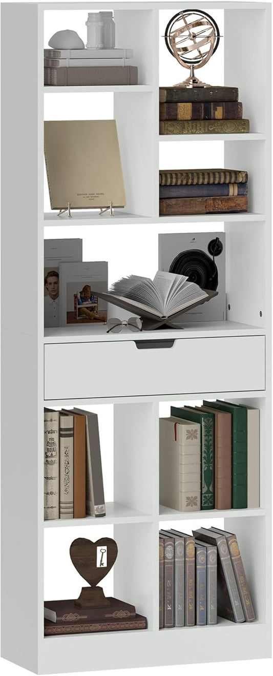 HOMCOM Bookcase Standing 9 Shelves 1 Drawer Storage Rack with Tilt Protection Filing Rack for Living Room Home Office White 60 x 26 x 158cm - QUORE