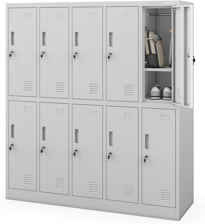 Jan Nowak metal locker cabinet for school and dressing room steel spindle box with lock and 10 separate compartments with hanging rod ventilation and label holders professional locker 150 x 136 x 45 - QUORE